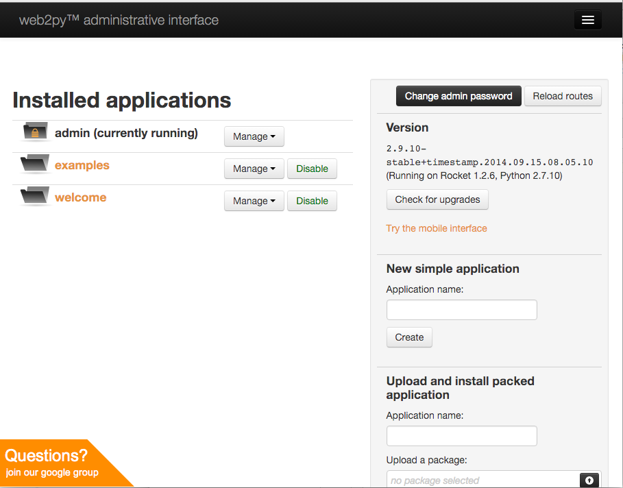 Screen shot of web2py installed applications