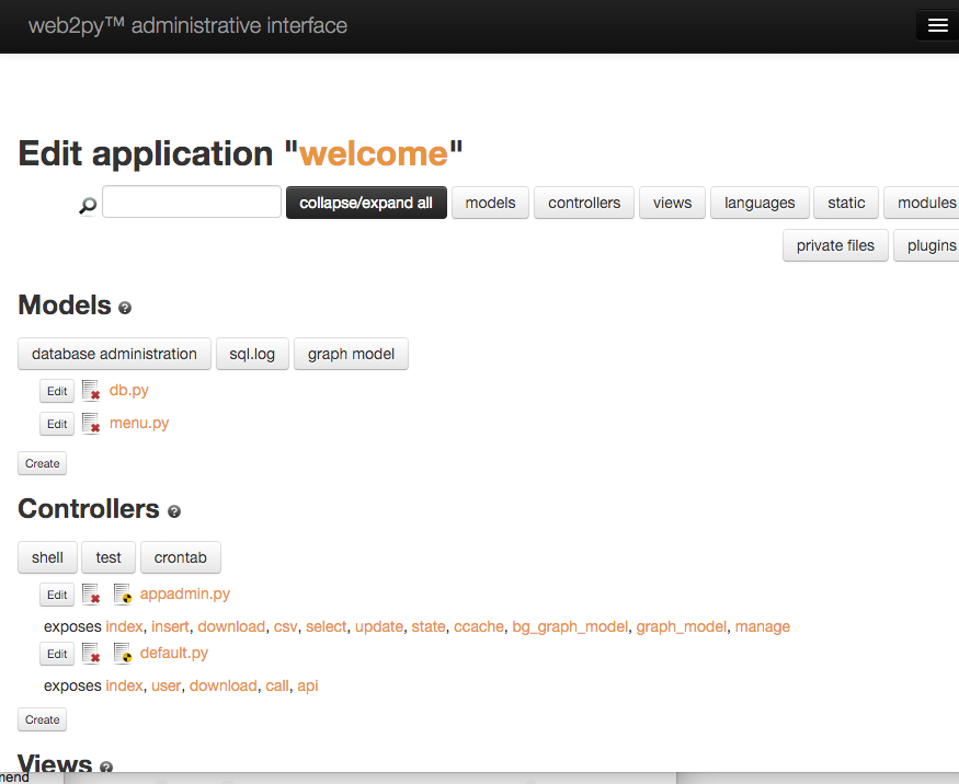 Screen shot of the Edit Application page for the welcome application