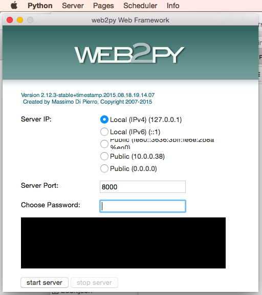 Screen shot of web2py startup page