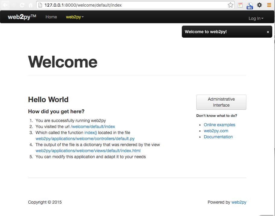 Screen shot of web2py welcome app running